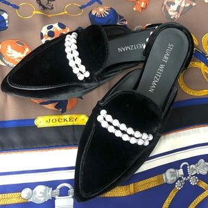 Stuart Weitzman Black Velvet Guamule Imitation Pearl Mule